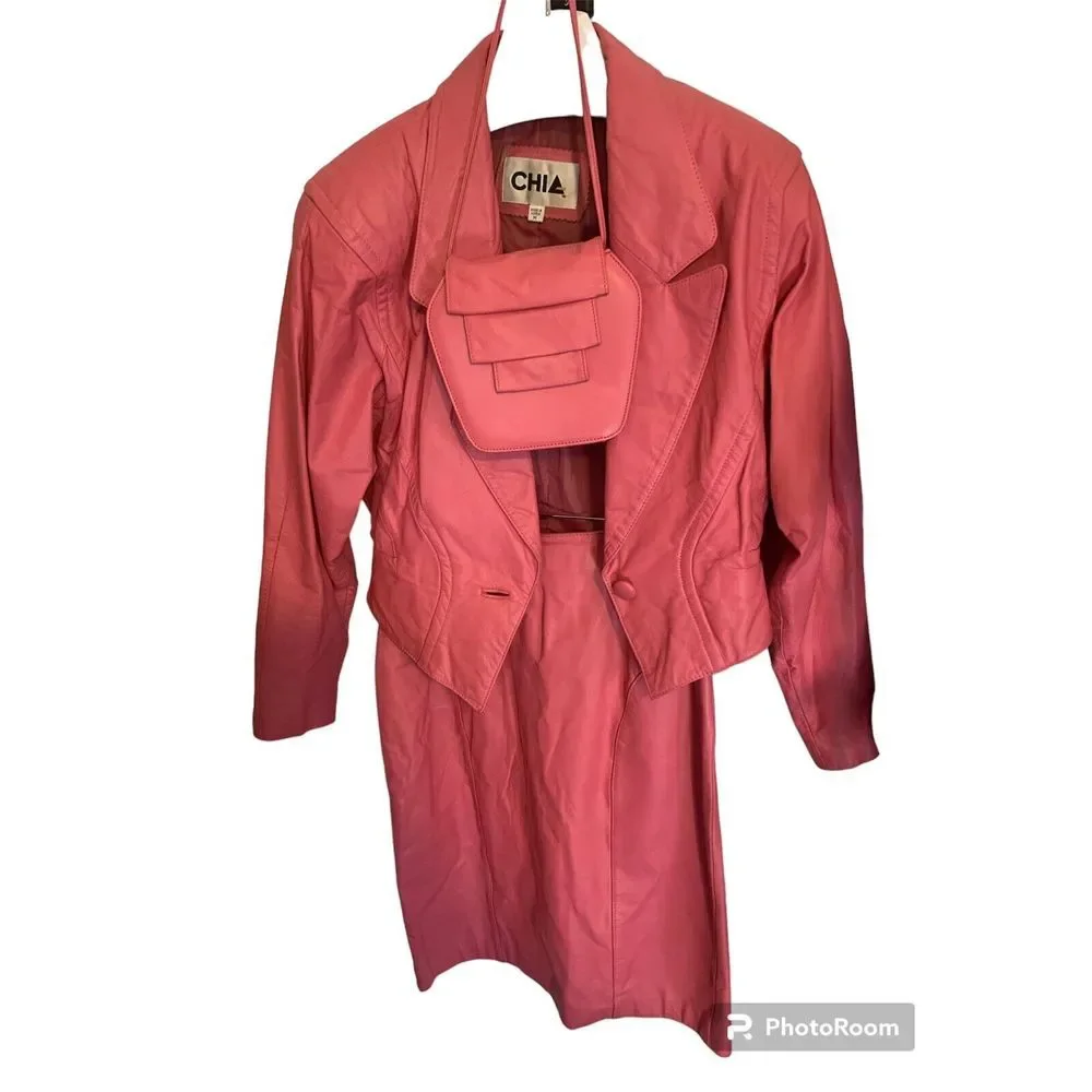 Vintage CHIA Leather 3 Piece Pink Barbiecore Awesome Outfit Jacket Med-Skirt S 8